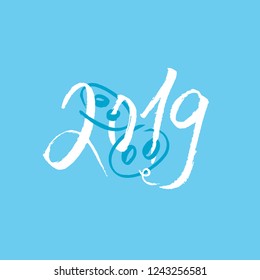 2019 Blue Color Numbers with Hand drawn Lettering. Isolated Symbol or Sign with Brushlettering Scribbles. Use for Laser Cut and Christmas Gift Banner Design. Vector Concept