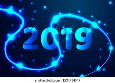 2019 blue text design. Low poly wireframe art on dark background. Happy New Year. Abstract low poly, Triangle, dot, line, polygon. Shine blue background, Vector illustration