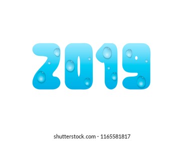 2019 Blue water numbers with drops. New Year and Merry Christmas