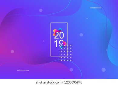 2019 blur banner design, Happy new year. 2019 new year celebration. 2019 landing page background. Fluid, liquid, wavy, dynamic shape background. Trendy and modern background color.