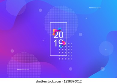 2019 blur banner design, Happy new year. 2019 new year celebration. 2019 landing page background. Fluid, liquid, wavy, dynamic shape background. Trendy and modern background color.