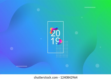 2019 blur banner design, Happy new year. 2019 new year celebration. 2019 landing page background. Fluid, liquid, wavy, dynamic shape background. Trendy and modern background color.