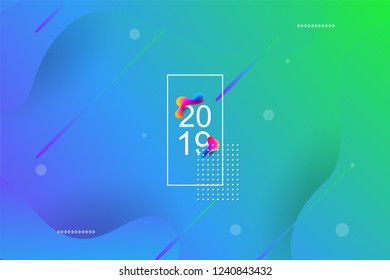 2019 blur banner design, Happy new year. 2019 new year celebration. 2019 landing page background. Fluid, liquid, wavy, dynamic shape background. Trendy and modern background color.