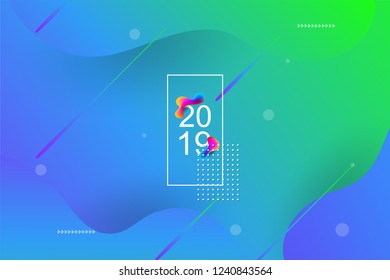 2019 blur banner design, Happy new year. 2019 new year celebration. 2019 landing page background. Fluid, liquid, wavy, dynamic shape background. Trendy and modern background color.