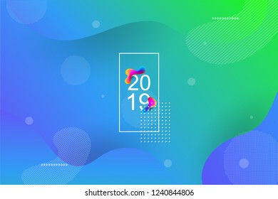 2019 blur banner design, Happy new year. 2019 new year celebration. 2019 landing page background. Fluid, liquid, wavy, dynamic shape background. Trendy and modern background color.
