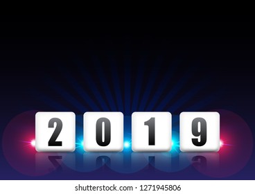 2019 box on the stage with light. Vector eps10.