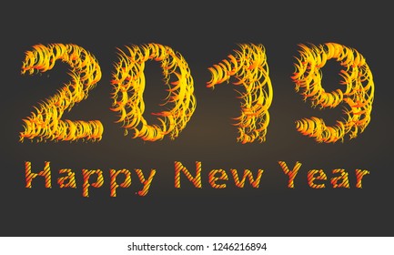 2019 bright inscription, fragments of fiery color. Happy new year on black dark background. Vector