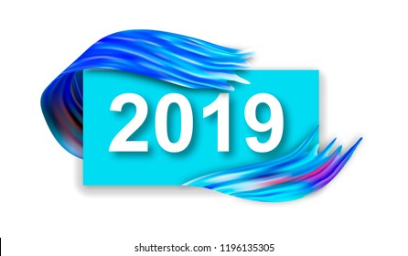 2019. Bright modern design. Colorful gradient paint brush. Bright spectral design. Acrylic paint. Spot. For printing on cards 