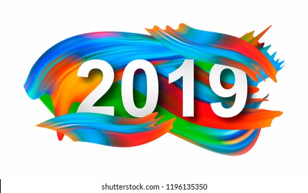 2019. Bright modern design. Colorful gradient paint brush. Bright spectral design. Acrylic paint. Spot. For printing on cards 