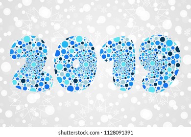 2019 bubble symbol. Happy New Year abstract circle illustration. Decorative blue icon on Christmas background with snowflakes. Winter holiday vector pattern