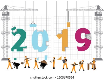 2019 Building Concept Vector with worker ; vector illustration