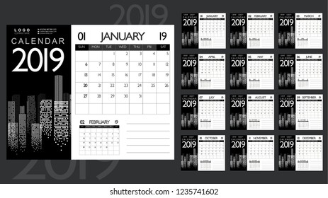 2019 Business Calendar Table Page Style. Modern Urban Design with Cityscape Night View. Weeks Start Sundays. Vector Illustration