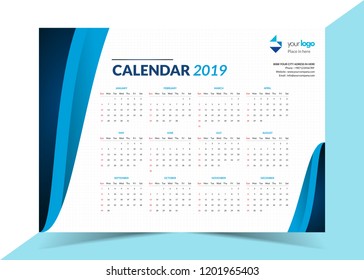 2019 Business calendar template design concept, with minimal blue wavy design