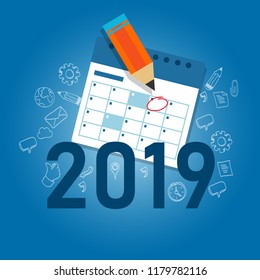 2019 business calendar writing work target with pencil. schedule new year agenda. Vector.