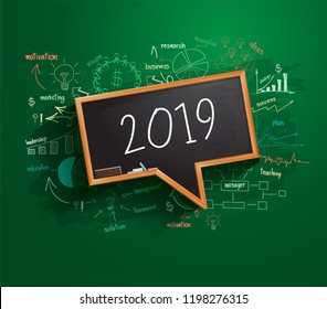 2019 business success strategy plan idea on speech bubbles blackboard, Creative thinking drawing charts and graphs, Inspiration concept modern template layout, diagram, Vector illustration