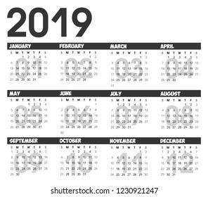 2019 calendar, abstract composition,  vector illustration, week starts on Sunday.