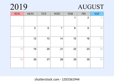2019 Calendar, August, Schedule Planner, organizer, weeks start from Sunday, Vector Illustration