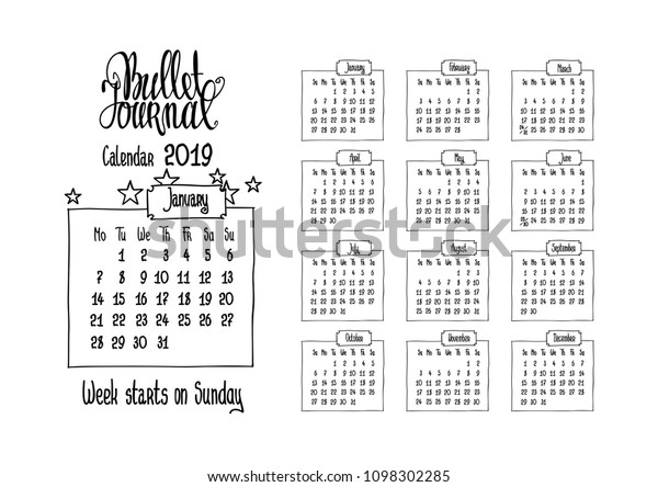 19年の箇条書き仕訳のベクターイラスト用カレンダー 手書きのカレンダー 月 曜日の名前 箇条書きのジャーナル文字 週は日曜日から始まります のベクター画像素材 ロイヤリティフリー