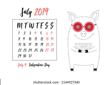 2019 Calendar with Chinese new year symbol - cute pig in cartoon linear style with realistic pink button detail for every month. Vector illustration, black ink silhouette background, isolated on white