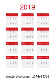 2019 Calendar Clean Minimal Simple Vector Design with a basic grid. Week Starts on Monday.
