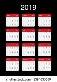 2019 Calendar Clean Minimal Simple Vector Design with a basic grid. Week Starts on Monday.