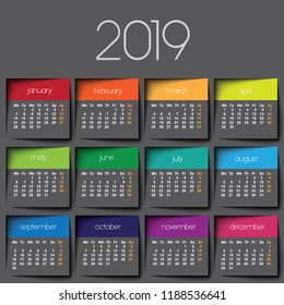 2019 calendar. Color post it