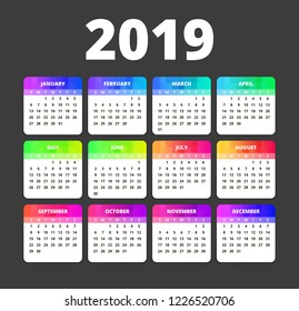 2019 Calendar colored . Print colored Template. Week Starts Sunday. Vector illustration