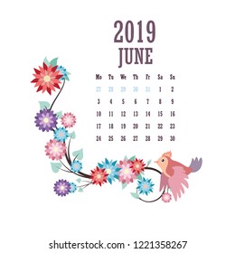 2019 Calendar with colorful birds and flowers - June