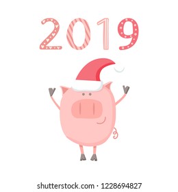 2019 calendar cover design. Vector illustration of a cute pink piggy. Doodle flat character isolated on white background. Cartoon happy pig smiles and greets.