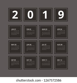 2019 calendar dark. Wall calendar template. Week Starts Monday. Stock vector illustration.