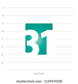 2019 Calendar day 31 planner sea green background