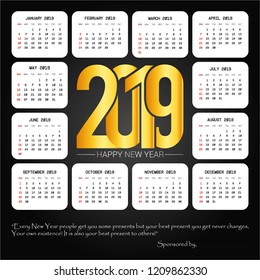 2019 calendar design with black background vector