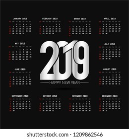 2019 calendar design with black background vector