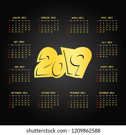 2019 calendar design with black background vector