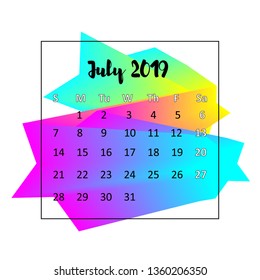 2019 Calendar design concept. July 2019. Business wall or web calender template. Minimal elegant design. Can be used in print advertising, public relations, infographic in English. Vector illustration