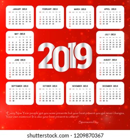 2019 calendar design with red background vector