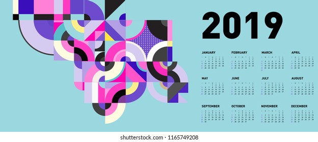 2019 calendar design template with colorful geometric background pattern 