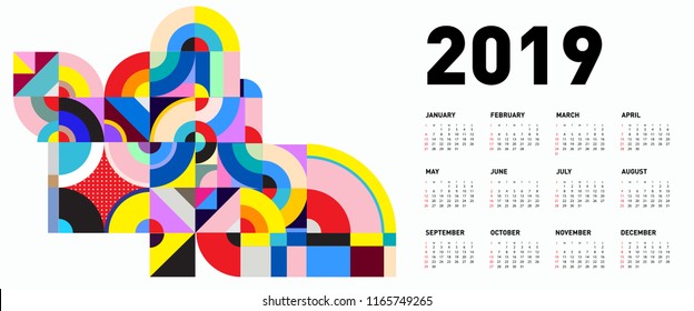 2019 calendar design template with colorful geometric background pattern 