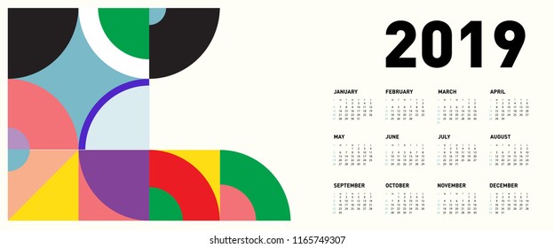 2019 calendar design template with colorful geometric background pattern 