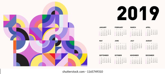 2019 calendar design template with colorful geometric background pattern 