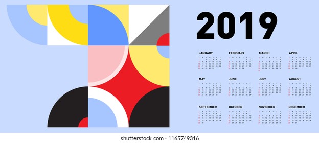 2019 calendar design template with colorful geometric background pattern 