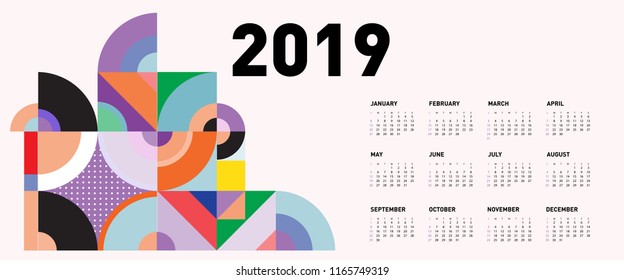 2019 calendar design template with colorful geometric background pattern 