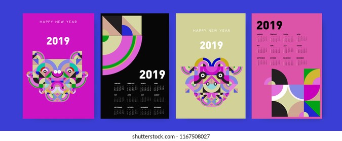 2019 calendar design template with colorful polygonal illustration background  