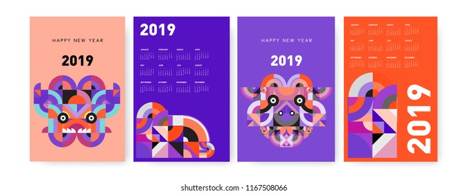 2019 calendar design template with colorful polygonal illustration background  