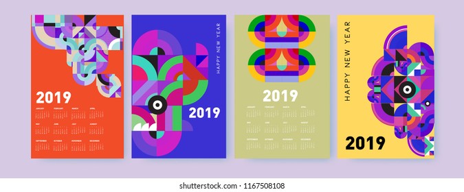 2019 calendar design template with colorful polygonal illustration background  