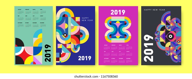 2019 calendar design template with colorful polygonal illustration background  