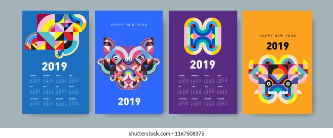 2019 calendar design template with colorful polygonal illustration background  