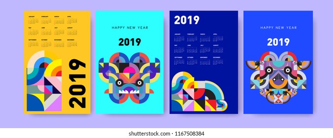 2019 calendar design template with colorful polygonal illustration background  