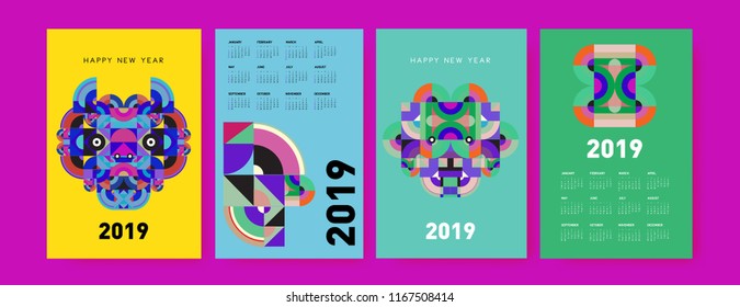 2019 calendar design template with colorful polygonal illustration background  