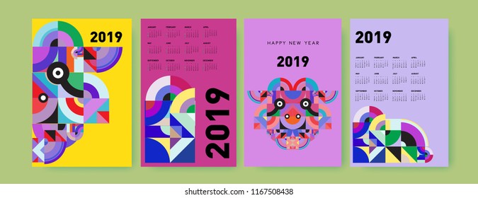 2019 calendar design template with colorful polygonal illustration background  